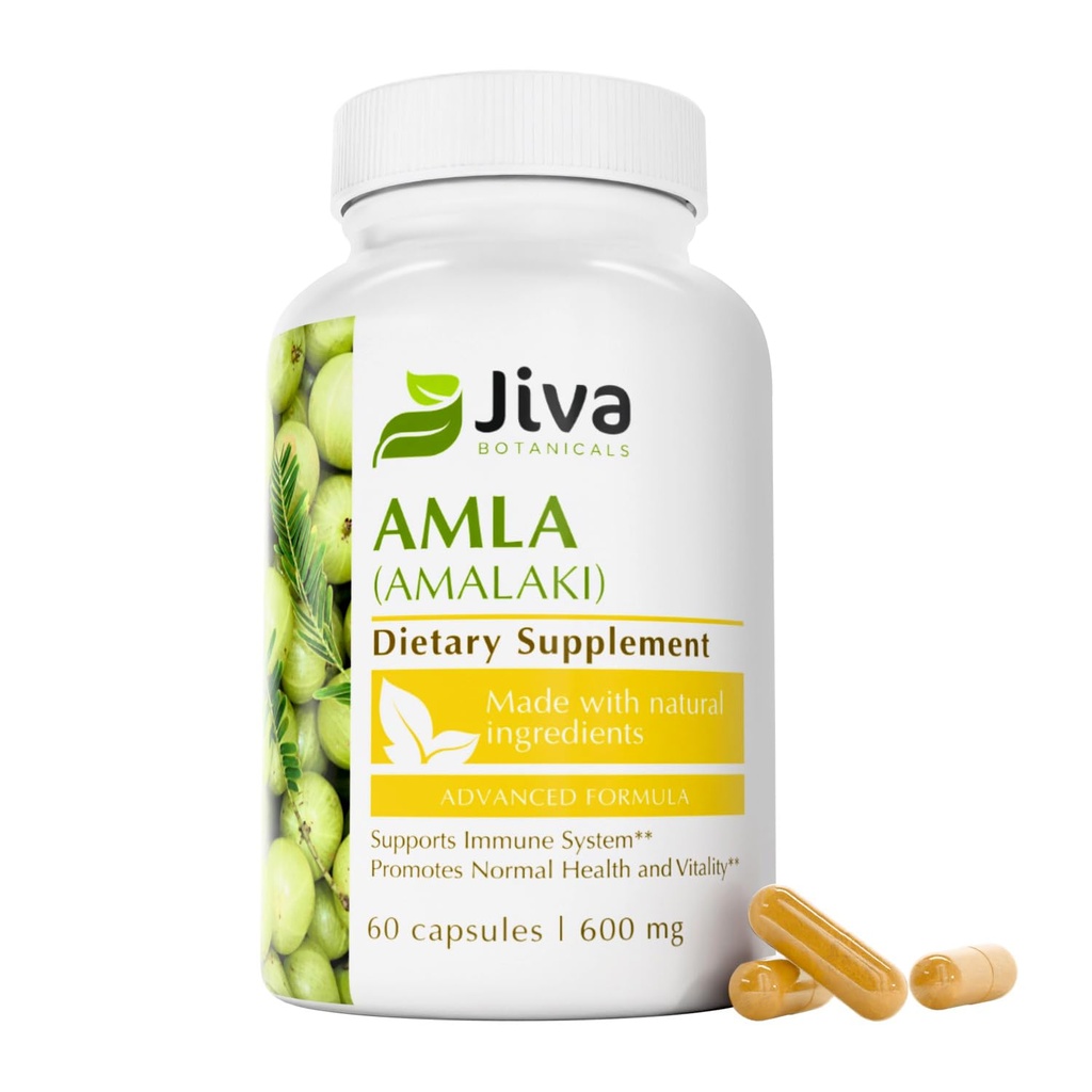 Jiva Botanicals Άμλα Κάψουλες (Amalaki) - 60 Vegan Κάψουλες - Άμλα σε σκόνη - Ινδικό συμπλήρωμα φραγκοστάφυλου για ζωτικότητα
