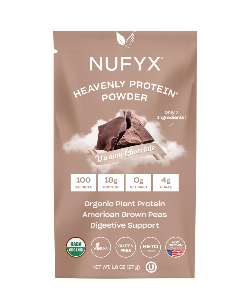 NUFYX® Family Owned Protein Powder, Organic Plant-Based, Made with 100% USA Grown Peas, 18g Protein for 100 Calories, Only 7 Ingredients, Digestive Support (Dreamy Chocolate, Packet)