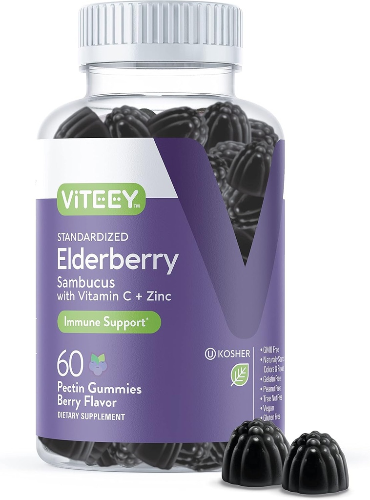 Viteey Sambucus Elderberry Gummies for Adults – Βατόμουρο βιταμίνη C και ψευδάργυρος Ανοσία Gummies - Vegan, χωρίς γλουτένη – 60 Count