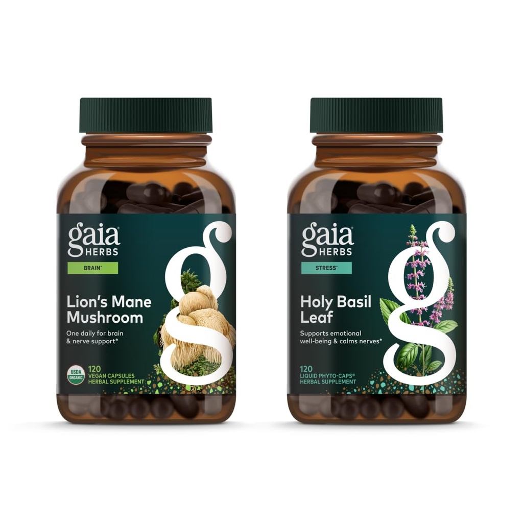 Gaia Herbs Mushroom Mane Lion - Βοήθεια για τη διατήρηση της νευρολογικής υγείας - 120 Vegan Liquid Phyto-Capsules & Holy Basil Leaf - Βοηθά στη διατήρηση ενός θετικού mindset και ισορροπία σε Times of Stress - 120 Vegan Li