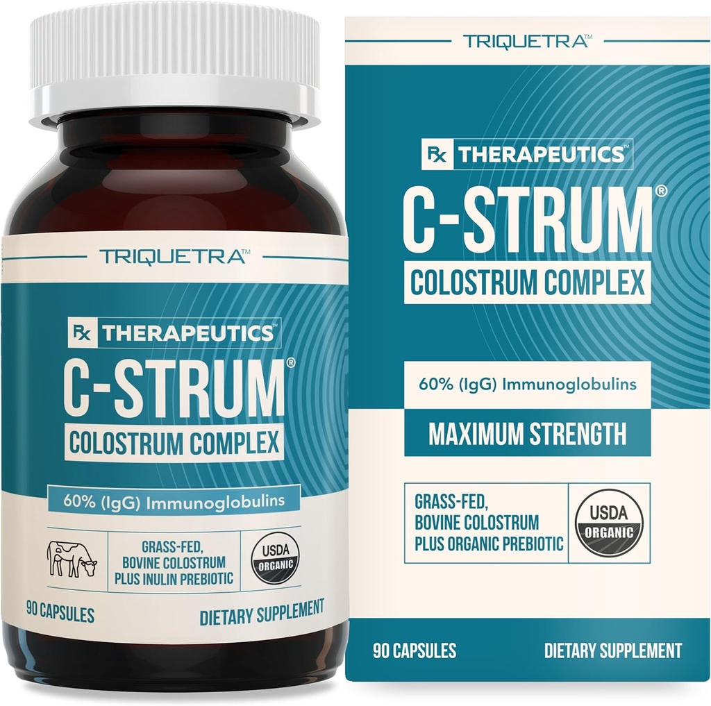 C-Strum® Organic Bovine Colostrum Supplement, 60% igG, First Milking, Grass Fed, Max Strength Colostrum Capsules from German Dairy Cows - Gut, Immunity, Skin & Hair Support (90 μέτρημα)