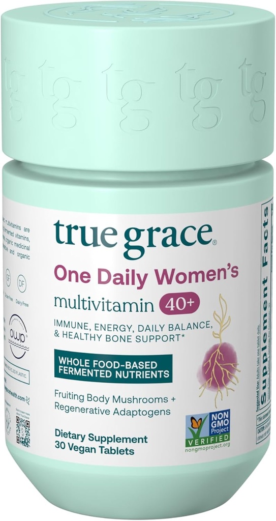 True Grace One Daily Women’s Multivitamin 40+ Fermented Minerals, Organic Adaptogens & Mushrooms Energy, Immune, Bone Support - Non-GMO - Iron, Gluten & Soy Free - 30 Vegan Tablets