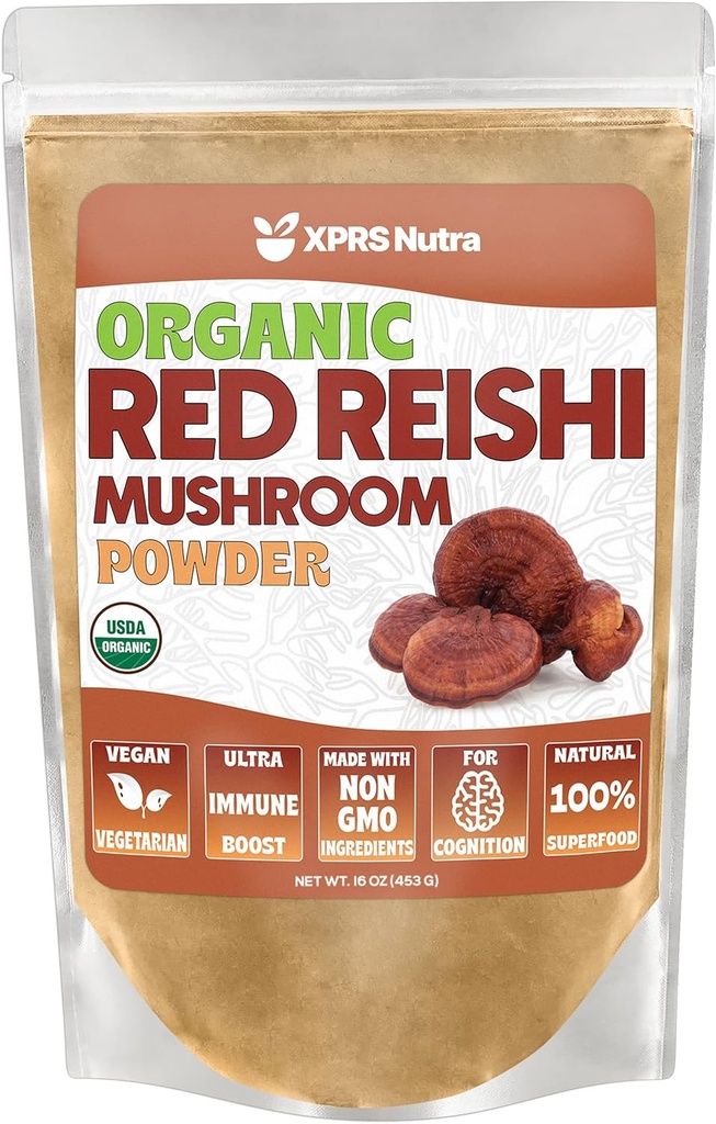 XPRS Nutra Organic Red Reishi Mushroom Powder - Premium Reishi Powder for Cognition - Vegan Reishi Μανιτάρια για τη μακροζωία και την ενέργεια (16 Ουγγιά)
