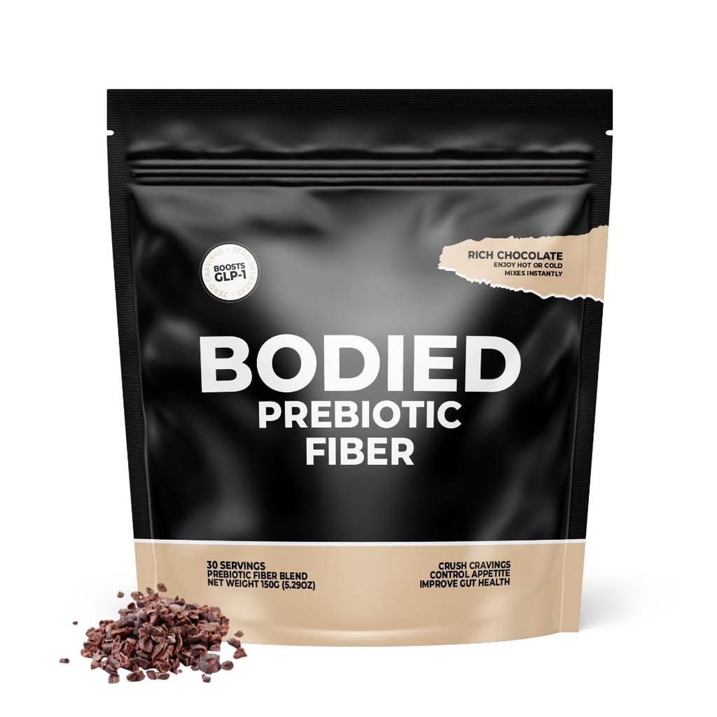 BODIED Fiber Cocoa PREBIOTIC - Chocolate Flavored - Boost GLP-1, Psyllium Husk, SolNul, Gut Health, Digestion & Immunity, Zero Added Sugar, Keto, Paleo Fasting Friendly 30 Servings.