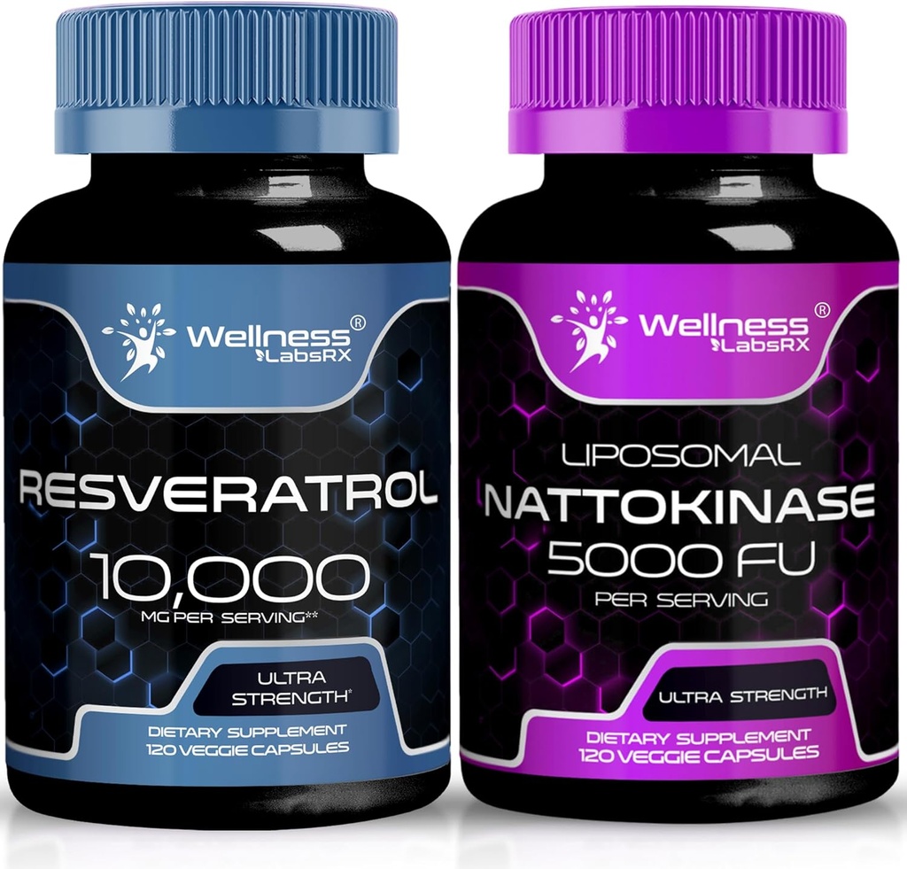 WELLNESS LABSRX Resveratrol Capsules 10000mg - Nattokinase Supplement Capsules - 5000 FU