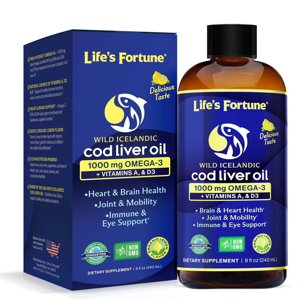 Life's Fortune Cod Liquid Organic Lemon Flavor (8 Oz) 1. 000 mg Omega + Βιταμίνη Α, Ε & D3 - Υποστηρίζει την Ανοσολογική Υγεία - 100% συμπλήρωμα ιχθυελαίου από Wild Ocean Cod-GMO Δωρεάν