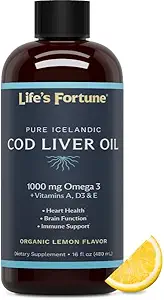 Life's Fortune Cod Liquid Organic Lemon Flavor (8 Oz) 1. 000 mg Omega + Βιταμίνη Α, Ε & D3 - Υποστηρίζει την Ανοσολογική Υγεία - 100% συμπλήρωμα ιχθυελαίου από Wild Ocean Cod-GMO Δωρεάν