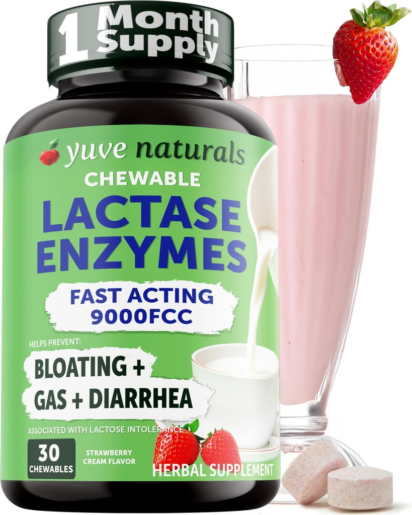 Yuve Natural Fast Action Dairy Relief Delicious Chewables - Lactase Enzyme 9000 FCC - Πείτε αντίο στη δυσφορία για τα γαλακτοκομικά από τη δυσανεξία στη λακτόζη - Φράουλα Κρέμα Γεύσης - 30ct