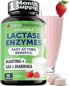 Yuve Natural Fast Acting Dairy Relief Delicious Chewables - Lactase Enzyme 9000 FCC - Say Goodbye to Dairy Discomfort from Lactose Intolerance - Strawberry Cream Flavor - 30ct