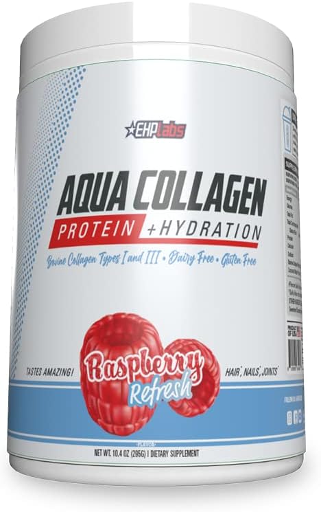 EHP Labs Aqua Hydrolyzed Collagen Peptides Peptides σε σκόνη - 10g πρωτεΐνης ανά υπηρεσία, Ενυδάτωση & υποστήριξη της υγείας, χόρτο Fed Pasture-Raised Bovine Collagen, Type I & III, 24 υπηρεσίες (Raspberry Refresh)