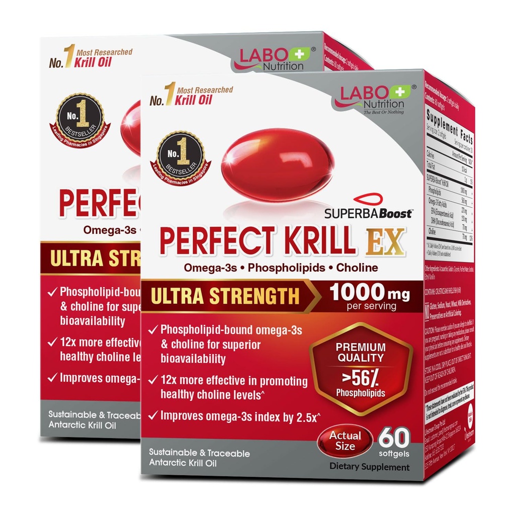 LABO Nutrition Perfect Krill EX, 1000mg Έλαιο κριλ Ανταρκτικής Omega 3 EPA DHA, Υψηλότερα φωσφολιπίδια (πάνω από 56%) με χολίνη, Ασταξανθίνη 