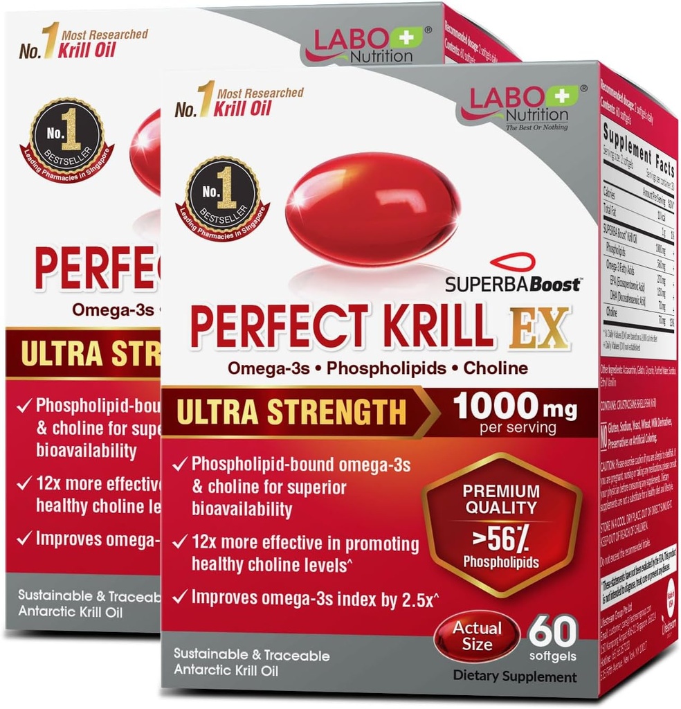 LABO Nutrition Perfect Krill EX, 1000mg Antarctic Krill Oil Omega 3 EPA DHA, Highest Phospholipids (Over 56%) with Choline, Astaxanthin | Heart Brain Eye Joint Health, Made in USA, 60 softgelsX2