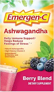 Emergen-C Βιταμίνη C Ashwagandha Drink Mix, Συμπλήρωμα διατροφής για την υποστήριξη του ανοσοποιητικού, Berry Blend, Επιστροφή στο σχολείο Απαραίτητα - 18 Count