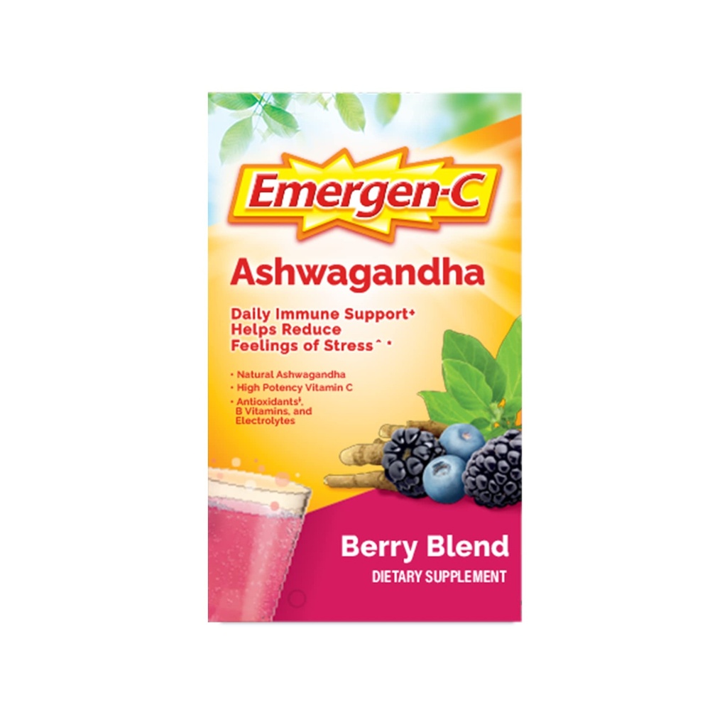 Emergen-C Βιταμίνη C Ashwagandha Drink Mix, Συμπλήρωμα διατροφής για την υποστήριξη του ανοσοποιητικού, Berry Blend, Επιστροφή στο σχολείο Απαραίτητα - 18 Count