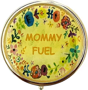 AmyZone Metal Pill Organizer Travel Friendly Portable Compact Pill Box Cute Pill Case to Hold Vitamins/Tylenol/Fish Oil/Supplements/Meds/Tablet for Purse/Pocket(Mommy Fuel-Round)