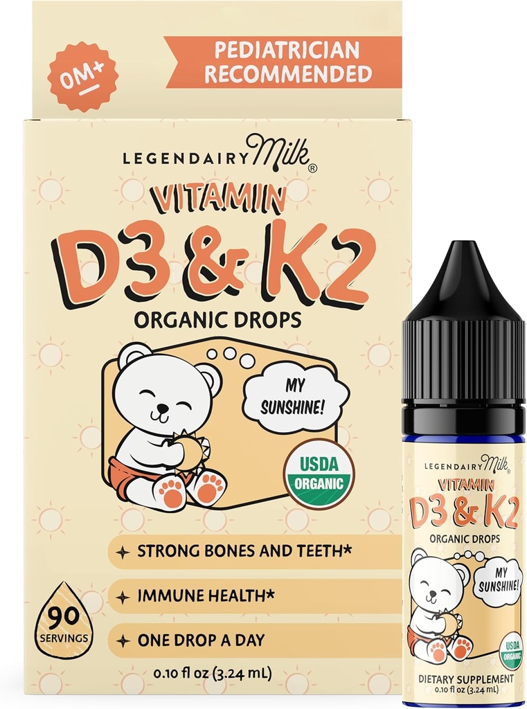 Legendairy Milk Organic Baby Vitamin D3 K2 Liquid Drops, 400 IU Baby Vitamin D D σταγόνες για βρέφη - Βιταμίνη D για νεογέννητα, Toddlers και παιδιά - Vegan, 90 Σερβιέτες