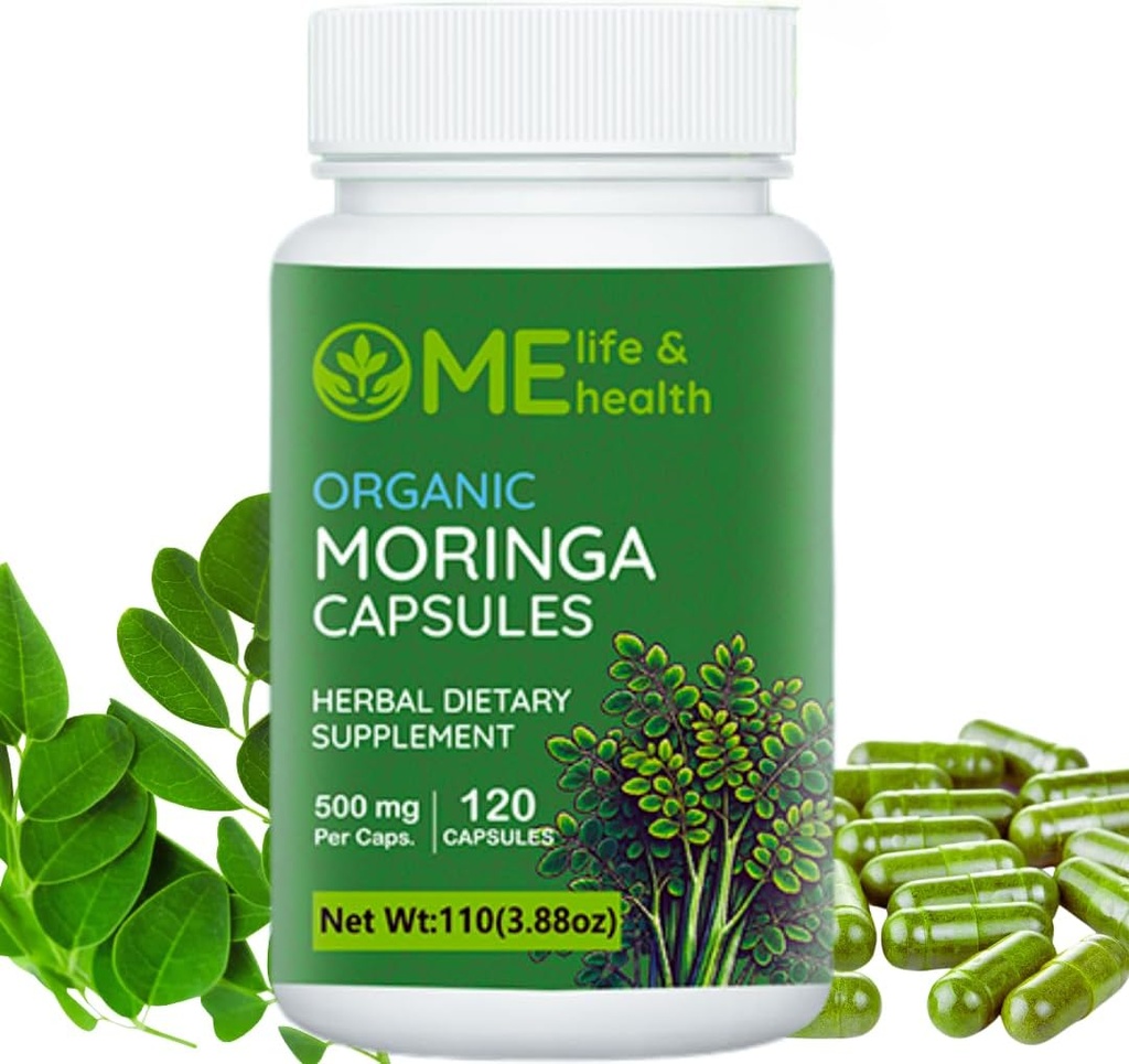 ME LIFE & ΥΓΕΙΑ Moringa Κάψουλες, 100% Βιολογικό Moringa oleifera Leaf, Pure Moringa Powder, mmune System, Απαραίτητες Βιταμίνες & Αμινοξέα Χωρίς Γλουτένη, Καθαρό & Φυσικό 120mg καπάκια