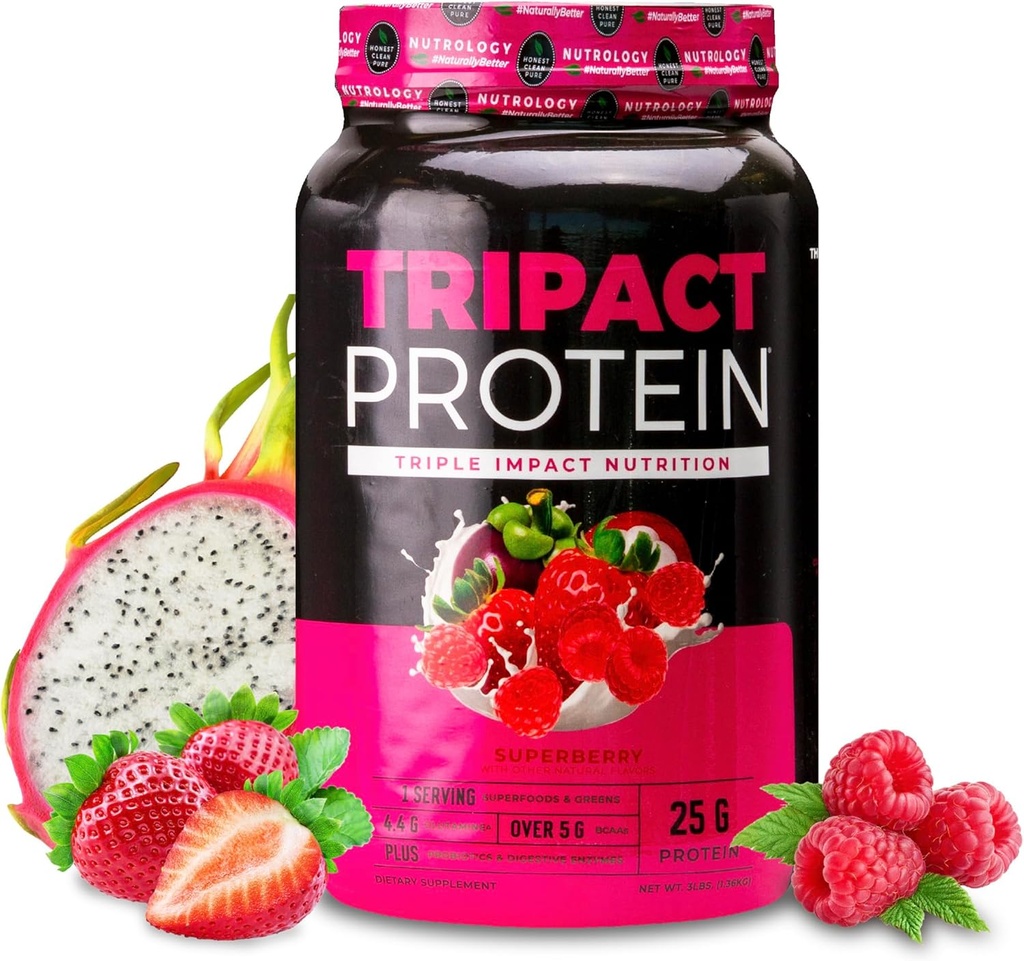 Nutrology TRIPACT Protein Powder - 7-in-1 Meal Replacement Shake with Grass Fed Whey Protein Powder, Pea, Rice, Greens for Muscle Recovery & Immunity, Superberry Flavor, 40 Servings