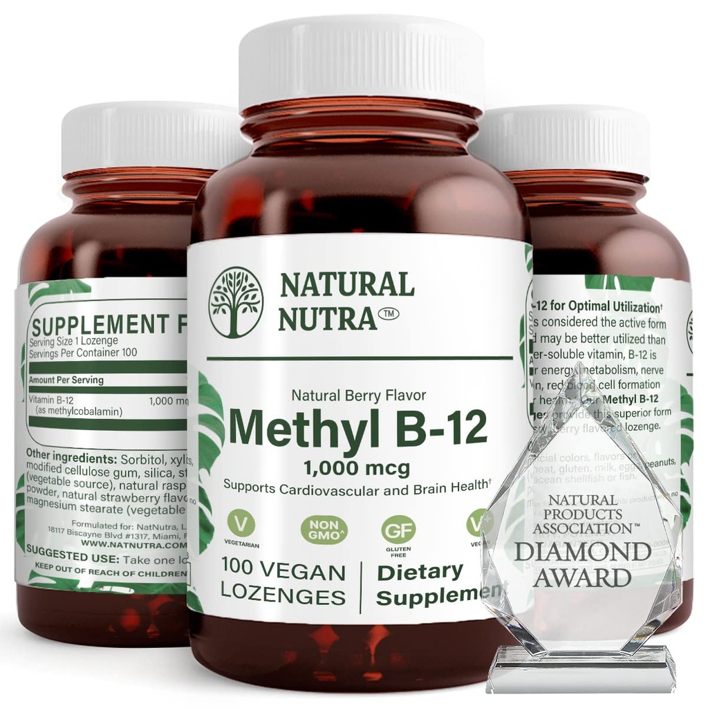 Φυσικό Νούτρα Vegan Methyl B12 1000mcg, συμπλήρωμα για την υγεία της καρδιάς και την ενέργεια Booster, χωρίς γλουτένη, τη μετατροπή της ενέργειας υποστήριξης, την ενίσχυση της ανοσολογικής απόκρισης, τη λειτουργία του εγκεφάλου βοήθειας, 100 Vegan Lozenges