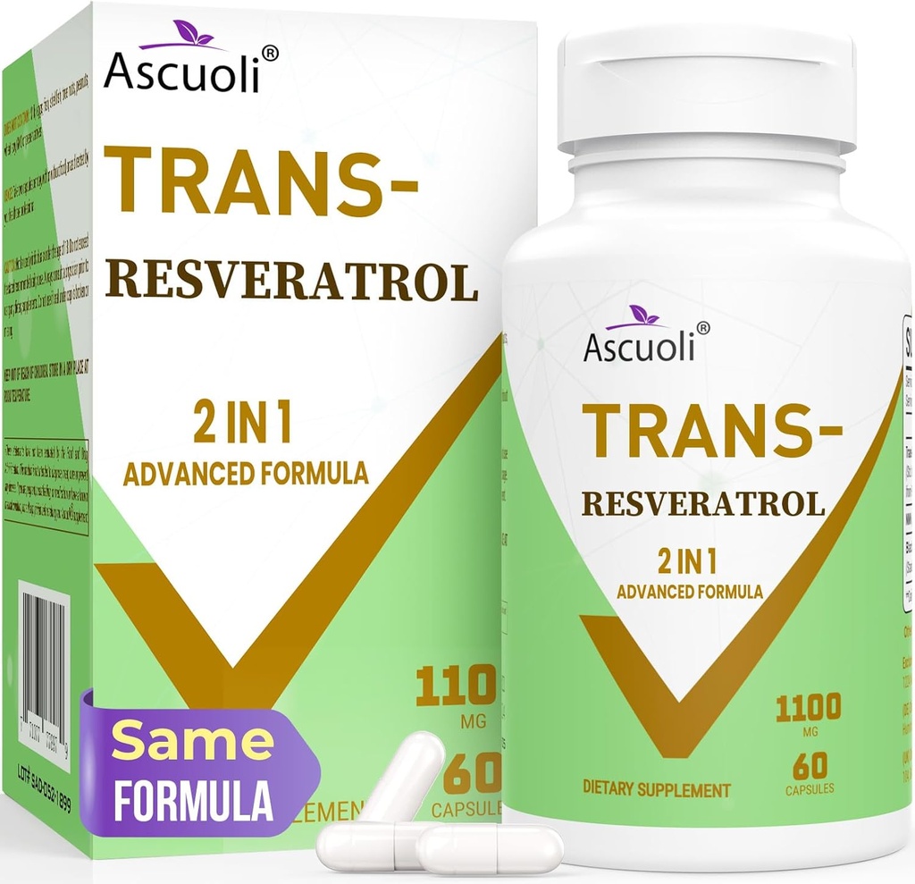 99% Ultra Purity Trans-Resveratrol 1100mg, 3-in-1 Advanced Formula Organic Resveratrol Supplement, Max Antioxidant, Anti-Aging, Skin Health, Cell Repair, Boost NAD+, Immune & Energy, 60 Caps
