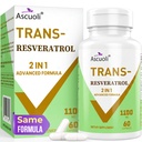 99% Ultra Purity Trans-Resveratrol 1100mg, 3-σε-1 Advanced Formula Organic Resveratrol συμπλήρωμα, Max Αντιοξειδωτικό, Αντι-Γήρανση, Υγεία του δέρματος, Επισκευή κυττάρων, Boost NAD+, Ανοσοποιητικό & Ενέργεια, 60 Caps