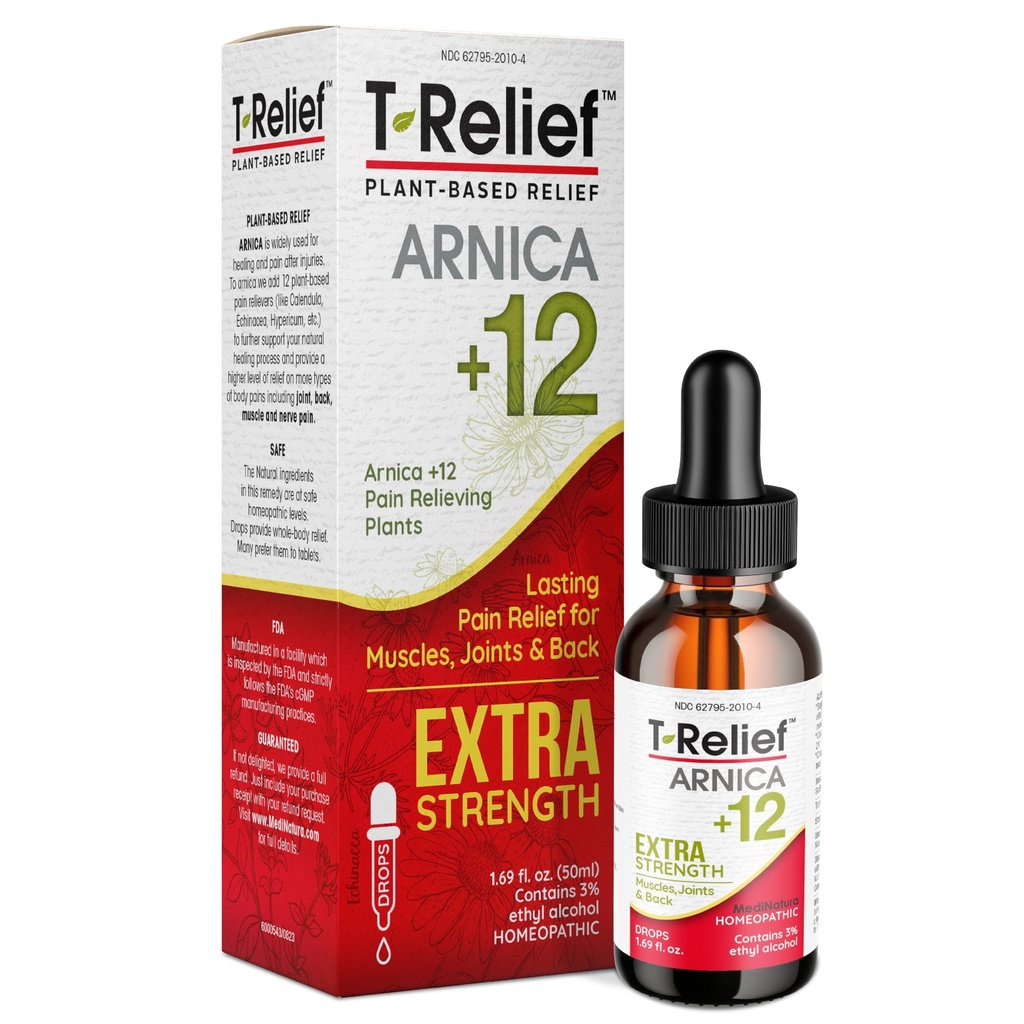 MediNatura T-Relif Extra Strength Oral Drops Arnica +12 Fast-Active Natural Relieving Actives for Back Neck Joint Muscle Hand & Foot Aches Pains & Soreness - 1,69 oz