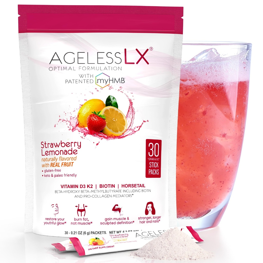 AgelessLX συμπλήρωμα σκόνης για τις γυναίκες - με HMB Collagen Enhancer Plus βιταμίνη D3 με K2, Horsetail και Biotin για Lean μυών και ισχυρότερα μαλλιά και νύχια - 30 συσκευασίες σκόνης Λεμονάδα φράουλα
