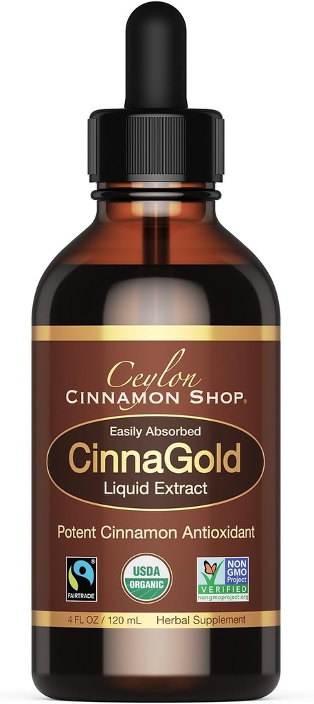 Ceylon Cinnamon Shop CinnaGold™ Organic Ceylon Cinnamon (100% Certified) Supplement, High-Potency Liquid Extract, 4 oz. – Super Antioxidant