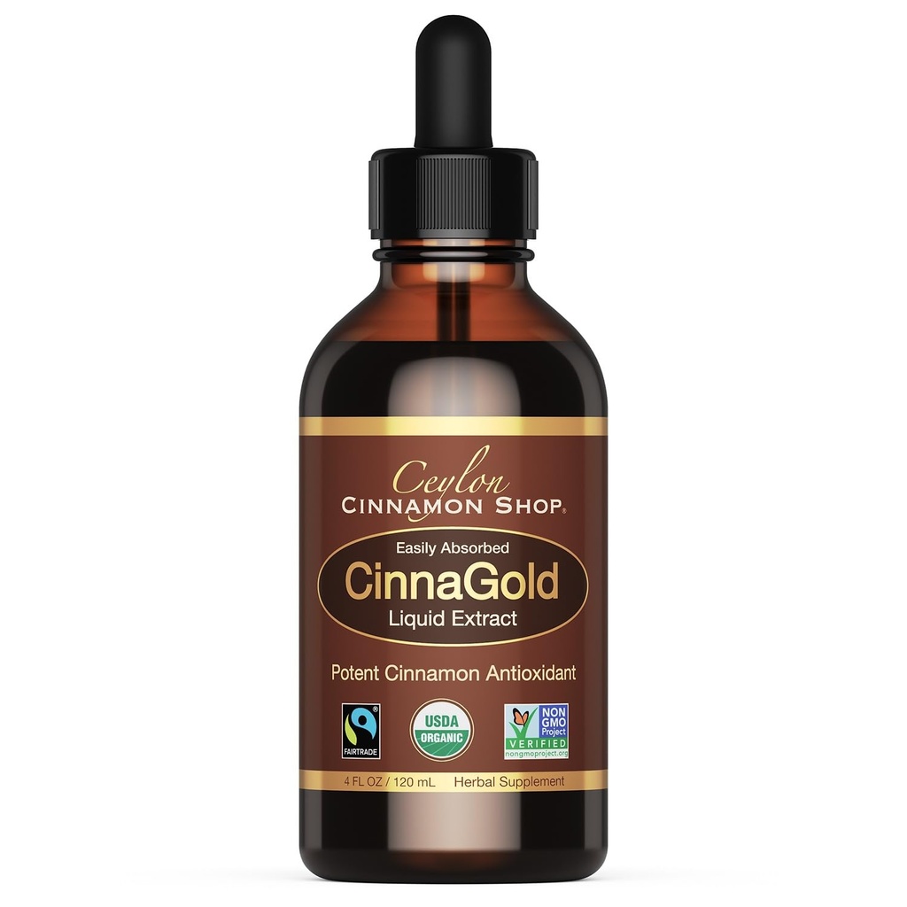 Ceylon Cinnamon Shop CinnaGold™ Organic Ceylon Cinnamon (100% Certified) Supplement, High-Potency Liquid Extract, 4 oz. – Super Antioxidant