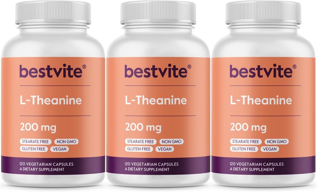 BESTVITE L-Θεανίνη 200mg (360 κάψουλες χορτοφάγων) (120 x 3) - Δεν Stearates - Vegan - Μη ΓΤΟ - Χωρίς γλουτένη