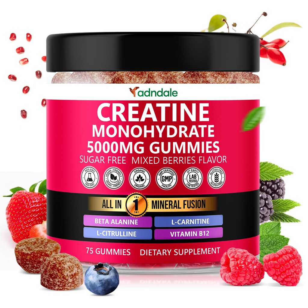 Adndale Creatine Monohydrate Gummies for Men & Women, 5000mg per Serving Creatine Supplement with Beta-Alanine, L-Citrulline & B12 - 75 Vegan Gummies. Χωρίς ζάχαρη