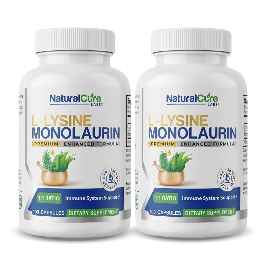 Natural Cure Labs L-Lysine with Monolaurin 600mg 1:1 Ratio, 2 Pack, 200 Capsules