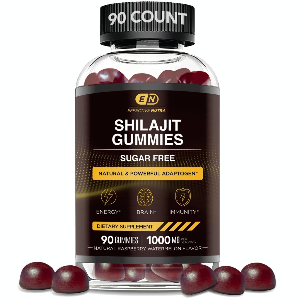 Effective Nutra Shilajit Gummies 1000mg | Pure Shilajit Resin for Energy, Brain & Immunity | Supplement for Men & Women | Sugar-Free, Vegan, Gluten-Free | Natural Berry Flavor, Made in USA (90ct)