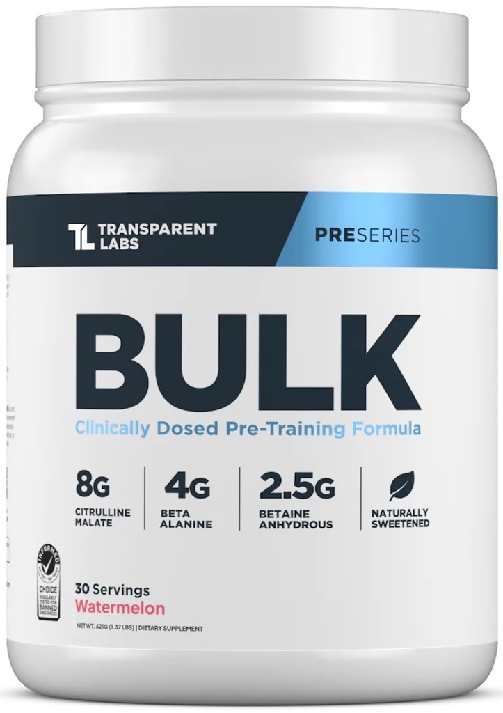 Transparent Labs Bulk Pre Workout Powder - Naturally Sweetened Preworkout for Men & Women, Pre Work Out for Muscle Building & Strength w/Beta Alanine & BetaPure - 30 Servings, Watermelon
