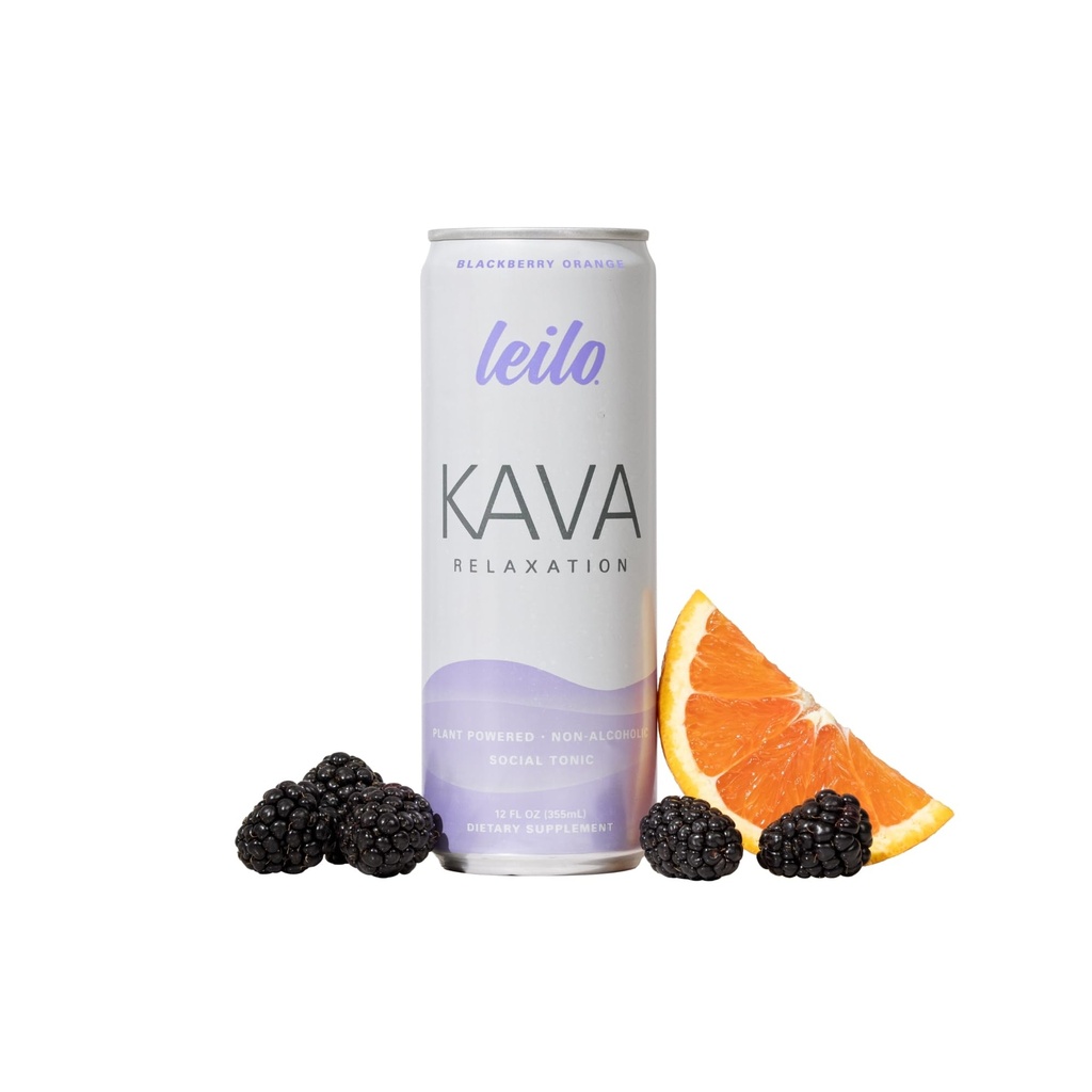Leilo | Kava Powered Sparkling Relaxation Drink | Blackberry Orange - Non-Alc Calming Beverage | 12 fl oz Cans (Pack of 12)