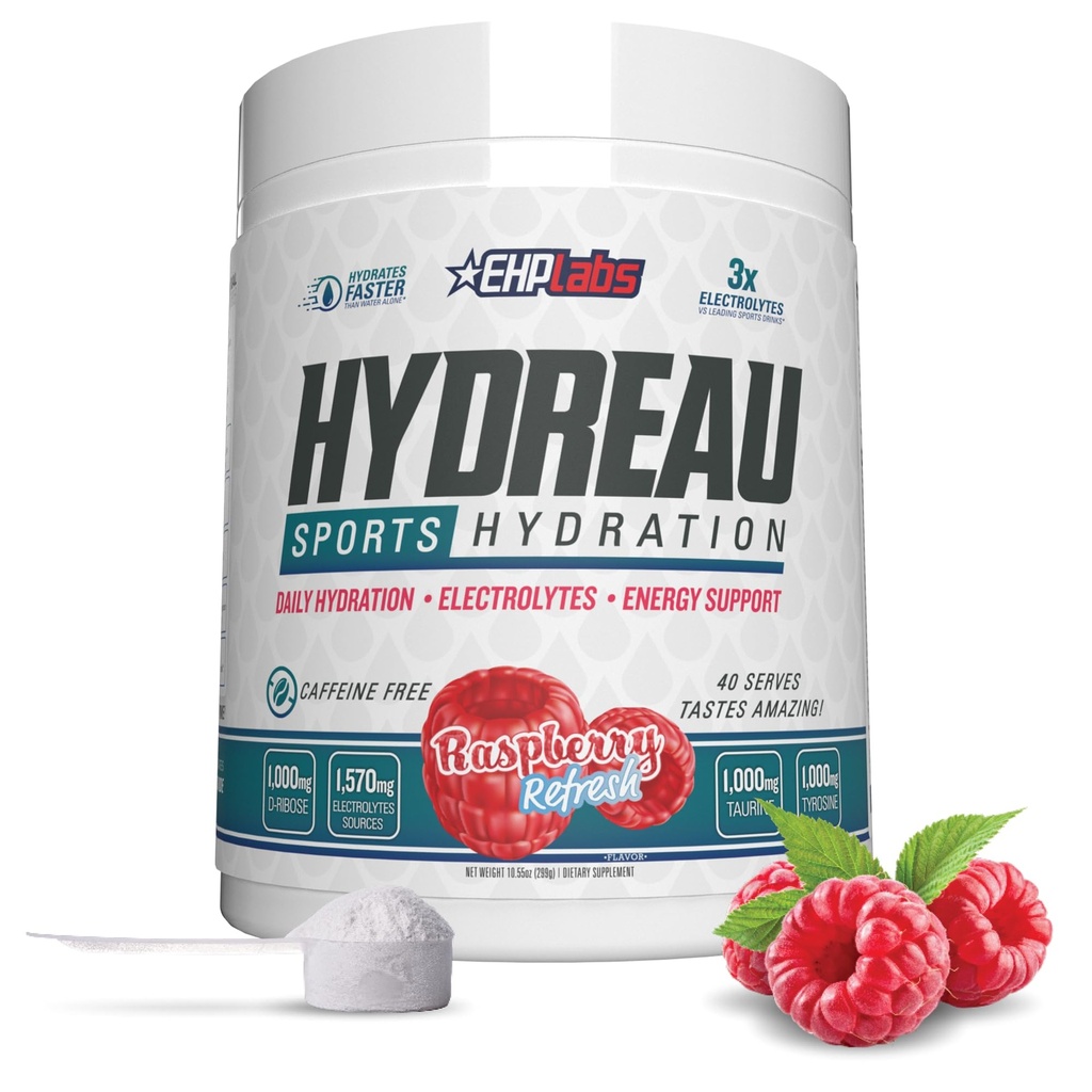 EHP Labs Hydreau Electrolytes Powder No Sugar - Hydration Powder for Endurance & Energy - Electrolyte Powder for Men & Women - Sugar Free Electrolytes - Raspberry Refresh (40 Serves)