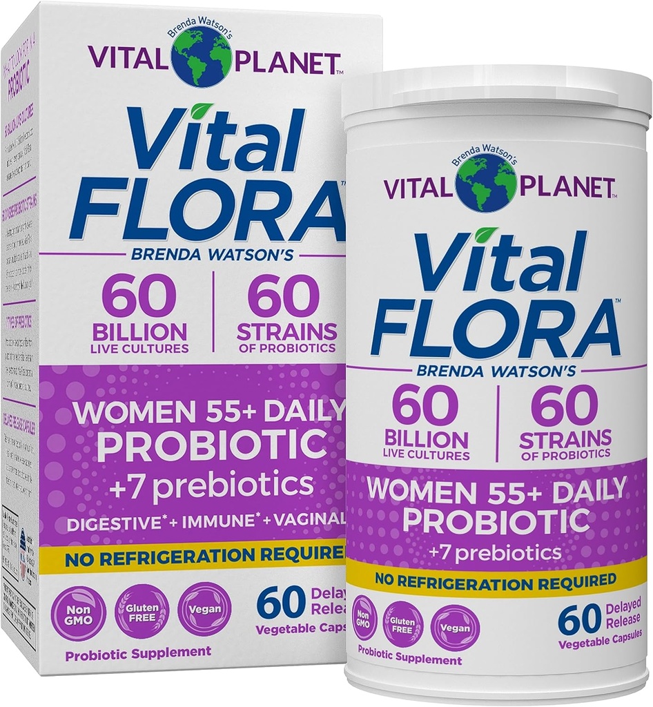Vital Planet - Vital Flora Probiotics για γυναίκες Πάνω από 55 Καθημερινή Ράφι Σταθερή Προβιοτική 60 Δισεκατομμύρια CFU, 60 Diverse Strains, 7 Βιολογικά Πρεβιοτικά, Ανοσολογική Υποστήριξη και Πεθητική Υγεία 60 Κάψουλες