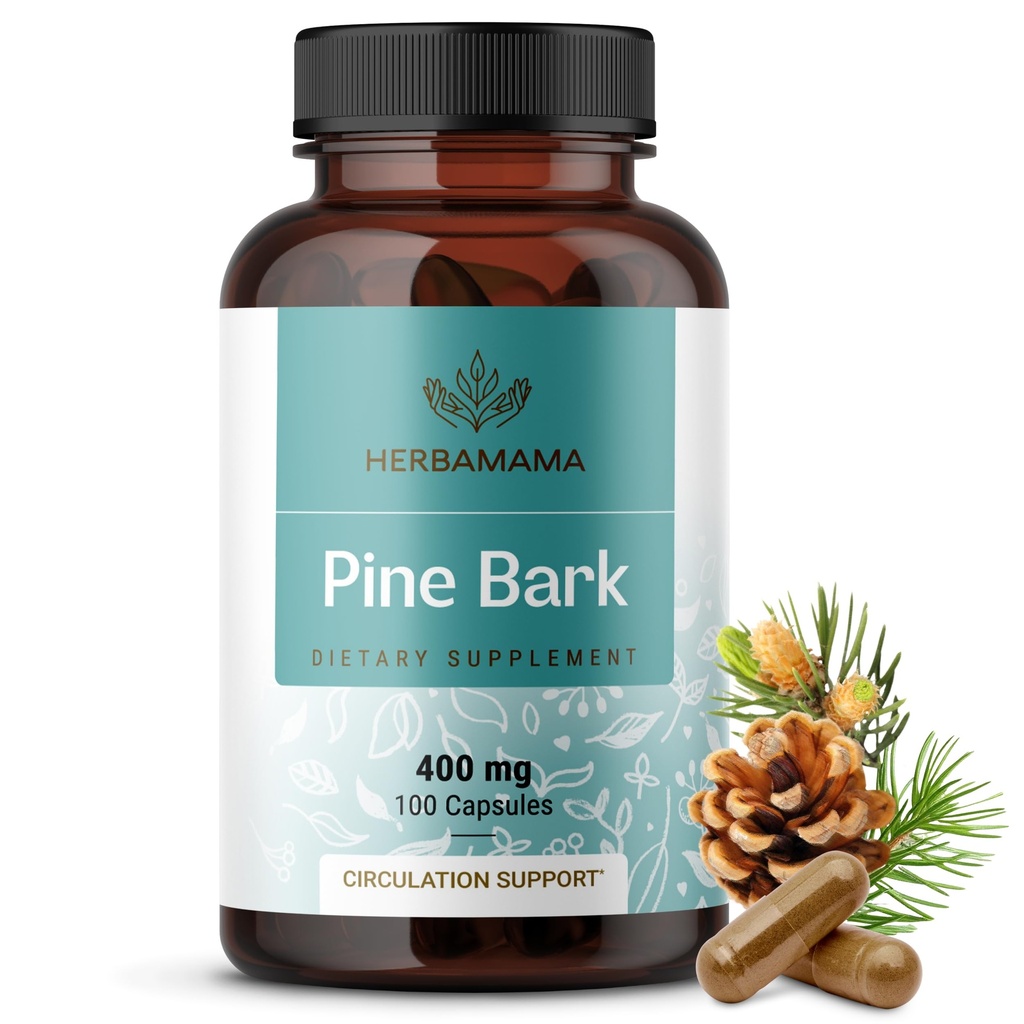 HERBAMAMA Pine Bark Extract Κάψουλες - 400mg Γαλλικό Maritime Pine Bark Extract σκόνη για αντιοξειδωτική υποστήριξη - Vegan, συμπλήρωμα Pinus Pinaster μη GMO