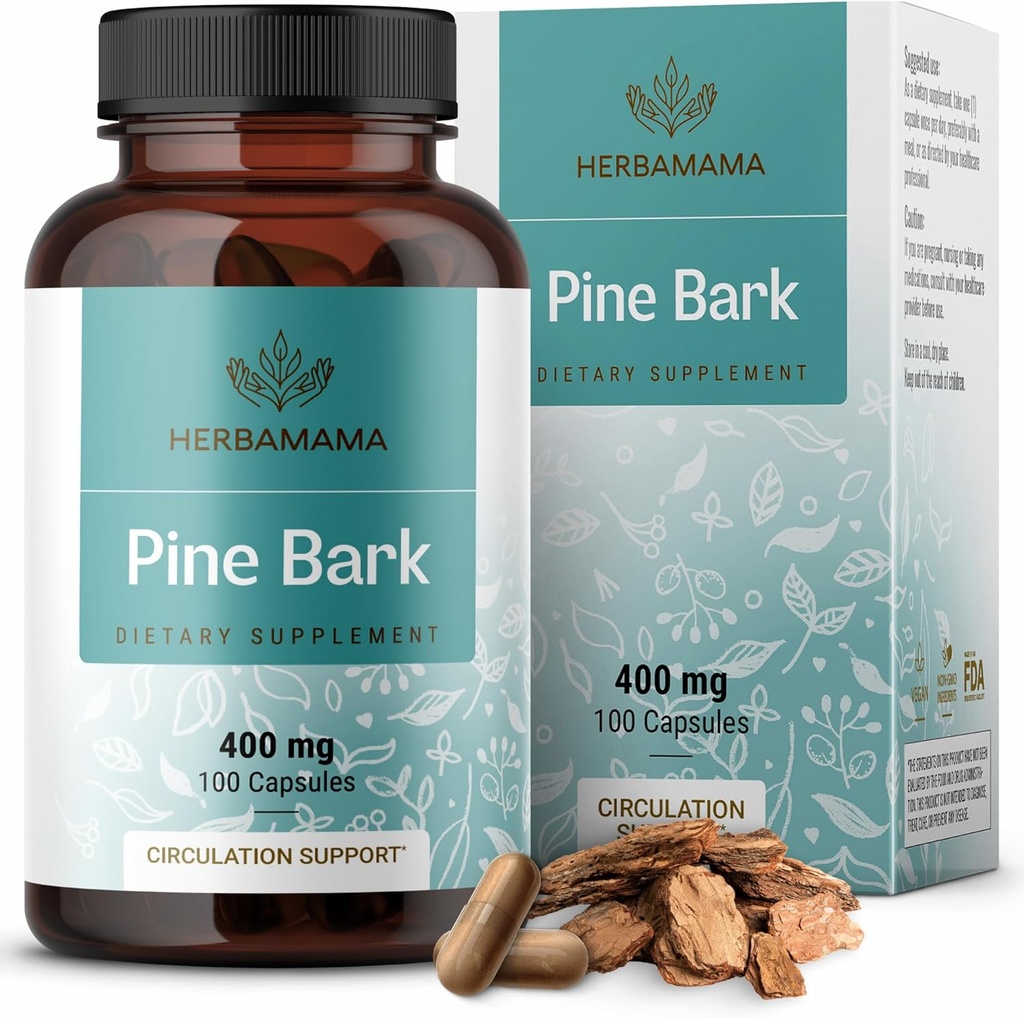 HERBAMAMA Pine Bark Extract Κάψουλες - 400mg Γαλλικό Maritime Pine Bark Extract σκόνη για αντιοξειδωτική υποστήριξη - Vegan, συμπλήρωμα Pinus Pinaster μη GMO
