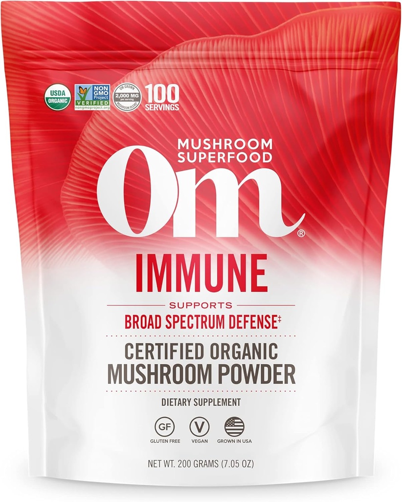 OM MUSHROOM SUPERFOOD Immune Blend Mushroom Powder Superfood Supplement, 7.05 Ounce Pouch, 100 Servings, Mushroom Blend, Reishi & Turkey Tail; Καθημερινή ανοσοποιητική υποστήριξη συμπλήρωμα