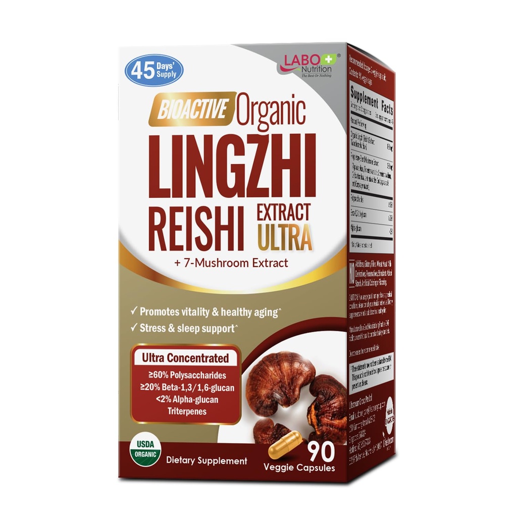 LABO Διατροφή Βιοενεργός οργανικός Lingzhi Reishi Ultra 7 Mushroom Extract Supplement Reishi Cordyceps Maitake Turkey Tail Agaricus jayi Murill Shiitake for Immune Support, Vitality, USDA Organic