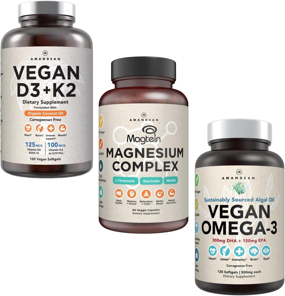 AMANDEAN Premium Magnesium Complex, Vegan Omega 3, Vegan D3+K2 Bundle. Με βάση το φυτό ανοσοποιητική υποστήριξη. Άλγα DHA & EPA. Ποιοτικός ύπνος, εστίαση & διάθεση. Υποστήριξη Υγιής Καρδιά, Εγκέφαλος, αρθρώσεις & Μάτια