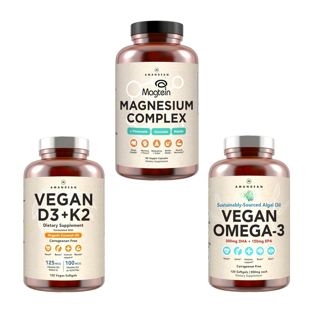 AMANDEAN Premium Magnesium Complex, Vegan Omega 3, Vegan D3+K2 Bundle. Με βάση το φυτό ανοσοποιητική υποστήριξη. Άλγα DHA & EPA. Ποιοτικός ύπνος, εστίαση & διάθεση. Υποστήριξη Υγιής Καρδιά, Εγκέφαλος, αρθρώσεις & Μάτια