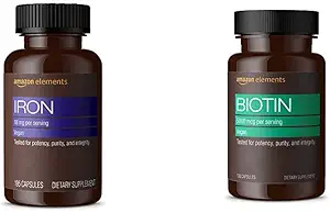   Elements Iron 18mg Capsules, Supports Red Blood Cell Production, Vegan (195 Count, 6 Month Supply) and   Elements Vegan Biotin 5000 mcg - Hair, Skin, Nails (130 Capsules, 4 Month Supply)