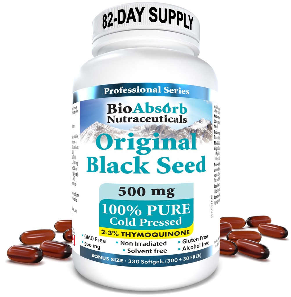 Bio Absorb Black Seed Oil Capsules, 82-Day Supply, Cold Pressed Pure Black Cumin Seed Oil (Nigella Sativa) (330 softgels, 500mg)
