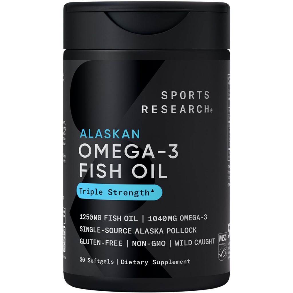 Sports Research Triple Strength Omega 3 Fish Oil 1250mg από το Wild Alaskan Pollock - Burpless Fish Oil Supplement with Omega-3 EPA & DHA - Sustainablely Sourced, Non-GMO, Gluten Free - 30 Softgels