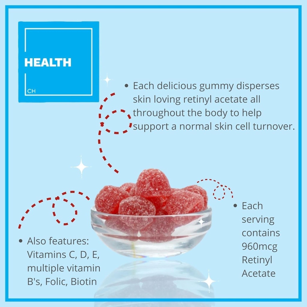 Συμβουλευτείτε την υγεία Regenerol - Multivitamin Retinol Gummy - Αντιγηραντική βιταμίνη Α συμπλήρωμα - λαμπερό, νεανικό & σαφές δέρμα Ισχυρά μαλλιά & νύχια - βιταμίνη B6, B12, C, D3, Φολικό οξύ, ψευδάργυρος - 60 Gummies