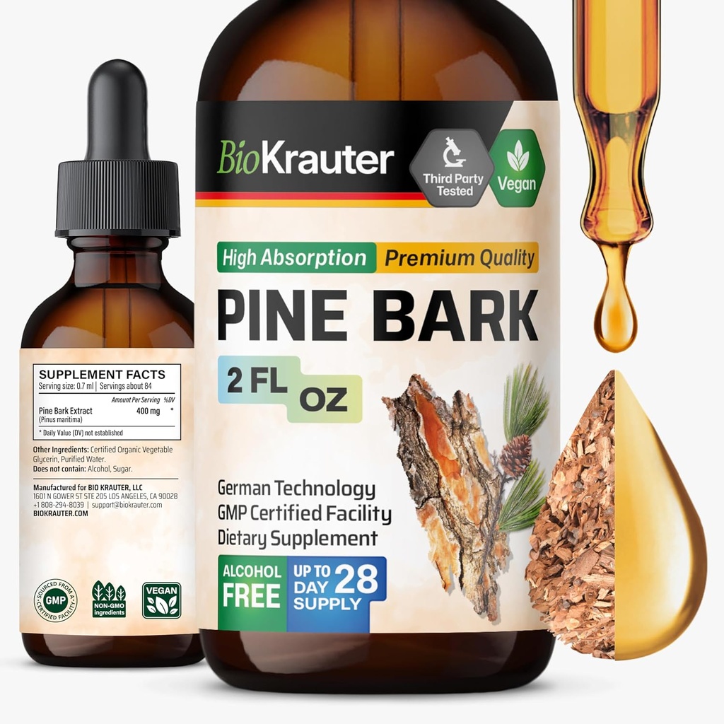 BIO KRAUTER Pine Bark Extract - Rich in Antioxidants Liquid Supplement - 400 mg French Maritime Pine Bark Extract Drops - Vegan, Alcohol & Sugar Free - 2 Fl Oz