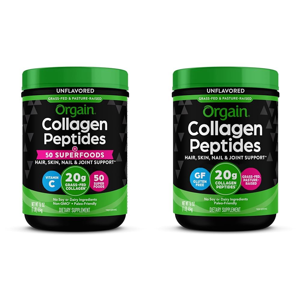 Orgain Hydrolyzed Collagen Powder + 50 Organic Superfoods, 20g Grass Fed Collagen Peptides & Hydrolyzed Collagen Peptides Powder, 20g Grass Fed Collagen - Hair, Skin, Nail & Joint