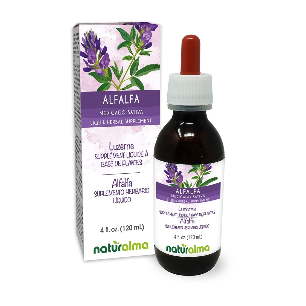 Naturalma Alfalfa ή Lucerne (Medicago Sativa) βότανο με λουλούδια Αλκοόλ-ελεύθερο Βάμμα - Πλούσιο σε φυσική χλωροφύλλη - 4 fl oz υγρό εκχύλισμα σε σταγόνες - φυτικό συμπλήρωμα - Vegan